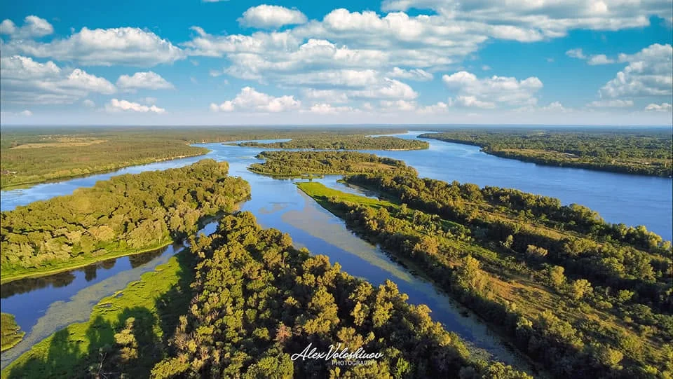 Aerial view of river and forest in Prochorovka