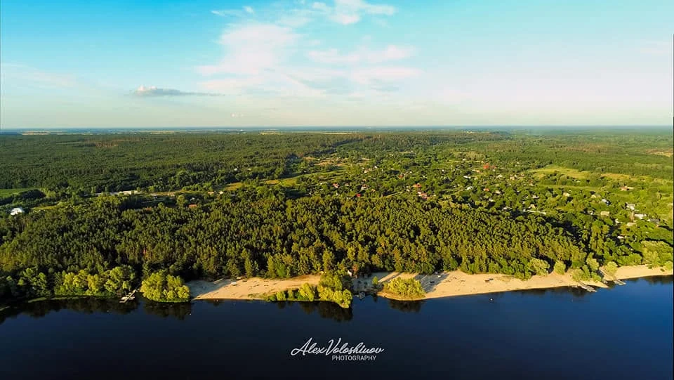 Aerial panorama of forest and river in Prochorovka